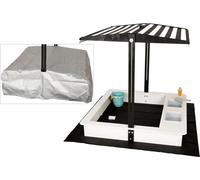 WONDERMAKE® Bac à sable design avec cuisine boueuse, toit, couverture Oxford 420D, film non tissé, bac à sable en bois carré, verrouillable, jardin extérieur pour enfants, noir et blanc