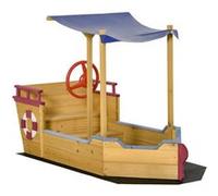 Bac à sable bateau de pirate en bois - voile d'ombrage, coffre rangement, gouvernail - bois sapin pré-huilé G