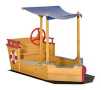 Bac À Sable Bateau De Pirate En Bois - Voile D'ombrage, Coffre Rangement, Gouvernail - Bois Sapin Pré-Huilé