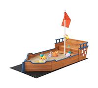 Bac à Sable de Forme Bâteau de Pirate avec Banc Rabattable et Drapeau Espace de Jeux Extérieur pour Enfants Sapin Polyester Polyéthylène 136 x 193 x 94 cm Naturel Bleu Rouge Noir