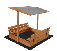 Bac à sable en bois 120 x 120 cm avec toit et couverture, bac à sable pour enfants, bac à sable de jardin en bois de conifère imprégné, toit pare-soleil réglable, pliable, marron, gris SPRINGOS