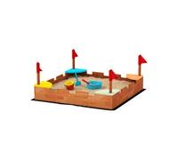AIYAPLAY Bac à sable en bois Muraille – sièges, 4 drapeaux, doublure – 90x90x17 cm, marron