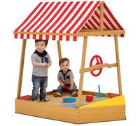 Bac à sable en bois pour enfants - AIYAPLAY - forme bateau - toit anti-UV, sièges, gouvernail et fond protecteur - jaune