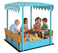 AIYAPLAY Bac à Sable en Bois avec Couvercle, bac à Sable Enfant extérieur avec siège Pliable, Espace de Rangement, Toile imprimée Dinosaures, Fond Inclus, pour Enfants de 3 à 6 Ans, Bleu