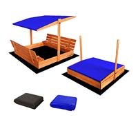Bac à Sable Enfant en Bois fermé de 140 x 140 cm avec bancs-bac a Sable avec Couvercle- Bois de pin imprégné -bac à Sable avec Toit surbaissé -1 bâche de Protection 1 bâche Isolante- Bleu