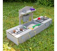 Roba – Cuisine extérieure enfant 2-en-1 en bois massif résistante avec bac à sable et robinet Gris