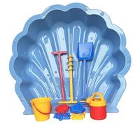 Bac à sable ou à eau, en forme de coquillage, bleu assorti, avec perceuse, jetée, râteau, moules et seau, 10 pièces