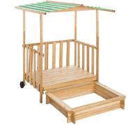 tectake 800792 Bac à Sable Bois Massif Extérieur Enfant Cabane de Jardin avec Toit et Véranda 2 Roues 106 x 105 x 137 cm - Diverses Couleurs (Vert)