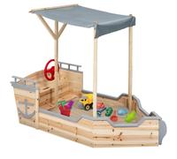 IDMarket - Bac à Sable World Bois Bateau de Pirate avec Banc Coffre et Toit Gris