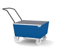 Bac de rétention mobile DENIOS Classic-Line pour fût 200L - Acier peint bleu gentiane, caillebotis galvanisé, roulettes en polyamide, volume de rétention 238L - Conforme aux normes de sécurité