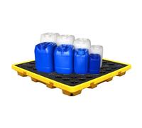 Bac de rétention modulaire anti-fuite pour entrepôts et usines, avec système de drainage intégré. Ce bac de rétention, robuste et étanche, est idéal pour le stockage sécurisé de liquides. Fa