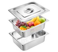 Bac Gastro Inox 1/2, Plat Inox Rectangulaire, avec Couvercle et Bac Perforé, 32,5×26,5 cm, Robuste Durable et Facile à Nettoyer