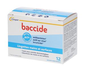 BACCIDE - Lingettes Mains et Surfaces Antibactérien, actif sur virus Testé sous contrôle dermatologique Boite de 12 sachets individuels Lingette(S) pc(s)