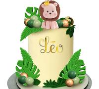 BACH AND BOOZY Lion Cake Topper - 15x Billes, 6x Feuilles Vertes, 1x Décoration de Lion - Animal Safari - Brun - Pour Fête d'Anniversaire