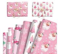 BACH AND BOOZY Lot de 12 feuilles de papier cadeau de Noël rose Père Noël, bonhomme de neige, flocon de neige, papier cadeau de Noël, loisirs créatifs, emballage cadeau