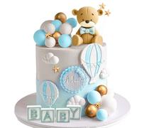 BACH AND BOOZY Teddy Bear Cake Topper Bleu - 1 Ours, 1 'BABY', 15 Boules, 5 Étoiles - Décoration de Gâteau pour Fille, Garçon, Mariage, Anniversaire, Party