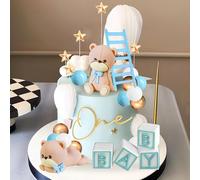 BACH AND BOOZY Teddy Bear Cake Topper Bleu - 2 Ours, 1 BABY, 15 Boules, 5 Étoiles, 1 Échelle Rose - Décoration de Gâteau pour Fille et Garçon, Anniversaire, Baptême, Mariage, Baby Shower, Party