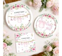 BACH AND BOUJEE assiettes et serviettes en carton à motif floral rose pour fête de naissance pour une jolie fille qui arrive bientôt accessoires pour révélation du genre pour 10 invités