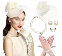 BACH AND BOUJEE chapeau champagne tea party gants chapeaux fascinateurs femme gants collier de perles boucles d'oreilles tour de cou pour le mariage la fête de mariage l'anniversaire et le goûter