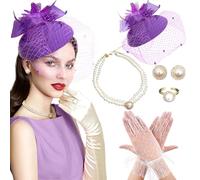 BACH AND BOUJEE chapeau violet tea party gants chapeau fascinateur femme gants collier de perles boucles d'oreilles tour de cou pour mariage douche nuptiale anniversaire tea party