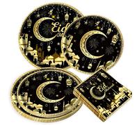BACH AND BOUJEE decorations noires pour eid accessoires de fête lune étoiles assiettes de fête serviettes pour maison décor mubarak pour seize invités
