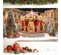 Bâche carrousel de Noël lumineux dans village enneigé - 180x110 cm réutilisable