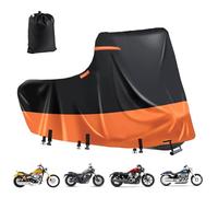 Bâche de Protection imperméable 600D pour Moto, 5 Bandes réfléchissantes, 2 Ouvertures d'aération, pour Softail Standard,Street Bob,Fat Bob,Honda, Suzuki (3XL 276 x 111 x 142cm Noir-Orange)