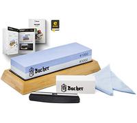 Bacher Pierre à Aiguiser Premium Pierre à Affuter à Double Face, Grains 1000/3000 - Aiguiseur pour Couteaux avec Support en Bambou, Pierre Aplatissante, Guide d’Angle et Guide électronique Détaillé