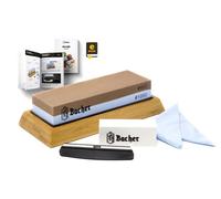 Bacher Pierre à Aiguiser Premium Pierre à Affuter à Double Face, Grains 400/1000 - Aiguiseur pour Couteaux avec Support en Bambou, Pierre Aplatissante, Guide d’Angle et Guide électronique Détaillé
