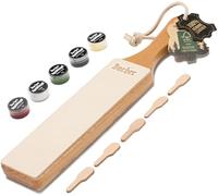 Bacher Premium Strop d’affûtage en Cuir. Manche en bois dur Recouvert de Cuir tanné végétal de 3mm d'épaisseur. Comprend un kit de 4 Composé de Polissage d'affûtage.