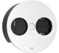 Bachmann TWIST 2 plaque de protection métallique ronde, argent mat laqué, 1xUTE France prise noire avec protection renforcée contre les contacts accidentels, 1xUSB A/C 22W Charger, câble d'alimentatio