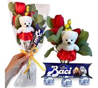 Baci Perugina Cadeau Femme - Baci Perugina Tube 37,5 g + 3 roses rouges artificielles + décoration ours polystyrène + brin de Mimosa-anniversaire