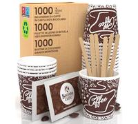 Baciato Caffè 1000 gobelets en papier pour café gobelets jetables écologiques de 65 ml + 1000 sachets de sucre + 1000 palettes en bois de bouleau compostables scellées individuellement