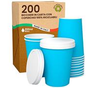 Baciato Caffè 200 Gobelets Carton BLEU pour Café à Emporter - Tasse Jetables 200ml avec Couvercles pour Servir le Thé, Cappuccino, Chocolatdes Boissons Chaudes et Froides