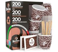Baciato Caffè 200 gobelets en papier pour café gobelets jetables écologiques de 65 ml + 200 sachets de sucre + 200 palettes en bois de bouleau compostables scellées individuellement