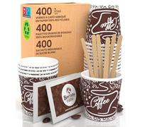 Baciato Caffè 400 gobelets en papier pour café gobelets jetables écologiques de 65 ml + 400 sachets de sucre + 400 palettes en bois de bouleau compostables scellées individuellement