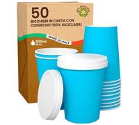 Baciato Caffè 50 Gobelets Carton BLEU pour Café à Emporter - Tasse Jetables 200ml avec Couvercles pour Servir le Thé, Cappuccino, Chocolatdes Boissons Chaudes et Froides