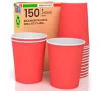 Baciato Caffè Lot de 150 verres en papier 240 ml écologiques biodégradables jetables fabriqués en Italie pour emporter des boissons chaudes et de l'eau colorées, rouge, fabriqué et emballé en Italie