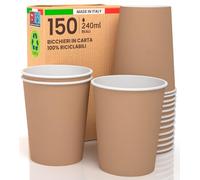 Baciato Caffè Lot de 150 verres en papier couleur Havane 240 ml écologiques biodégradables jetables fabriqués en Italie pour emporter des boissons chaudes à l'eau - Produit et emballé en Italie