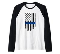 Back The Blue Thin Blue Line Distressed USA Flag Manche Raglan