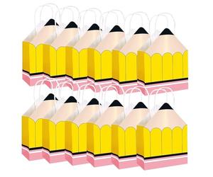 Back To School Treat Bags | 12 Pieces Pencil Shaped Welcome Paper Bags - Small Party Decorations For Calculator Notebook Holiday Conferences Classroom Birthday Boys Girls Students