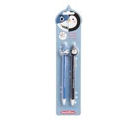 Back2Fun - Lot de 2 Stylos Effaçables, Encre Bleue Thermosensible, Tête d’Animal avec Gomme, Papeterie Créative pour Enfants, Écrire ou Dessiner, Requin/Pingouin