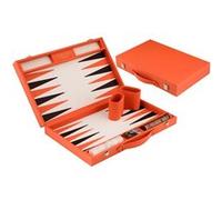 Engelhart-250565 - Backgammon 18 Pouces (46.7 cm) Mallette Luxe en Similicuir Orange - Plateau Marqueté - Ouvert 56,4 × 46,7 cm - Pions Noir/Orange - Dés et Gobelets - Jeu de Société