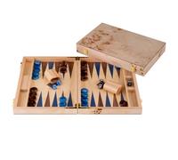 Engelhart-250552 - Backgammon en Bois 15 Pouces (38 cm) Valise Luxe en Bois de Ronce Incrustation en Noyer - Ouvert 48 × 38 cm - Pions Bleu/Brun - Dés et Gobelets - Jeu de Société Classique