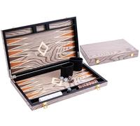 Backgammon Bois Luxe 18 Pouces - Placage Ebene Gris Verni 52,5 X 45,5 Cm | Jeu De Strategie 2 Joueurs Avec Pions, Des Et Gobelets - Coffret Pliable 45,5 X 26 X 5,6 Cm, Regles Multilingues, Des 6 Ans