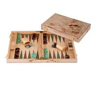 Backgammon Bois Luxe 15 Pouces 48 X 38 Cm - Ronce Noyer, Pions Vert Brun | Jeu De Societe 2 Joueurs Avec 30 Pions, Des, Gobelets Et Regles - Valise Pliable, Coffret Marquete, Rangement Integre