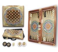 Backgammon | Échiquier | Bois | Valise | Fait à la main | Peint à la main | Incrustation | 50 x 50 x 7,5 cm | Avec valise, dés et pierres | BGZW56A03