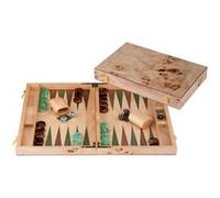 Engelhart-250551 - Backgammon en Bois 18 Pouces (45.5 cm) Valise Luxe en Bois de Ronce Incrustation en Noyer - Ouvert 52 × 45,5 cm - Pions Vert/Brun - Dés et Gobelets - Jeu de Société Traditionnel