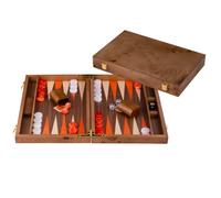 Backgammon Luxe 18 Pouces 52 X 45,5 Cm - Ronce Noyer, Pions Orange Blanc | Jeu De Societe 2 Joueurs Avec 30 Pions, Des, Gobelets Et Regles - Valise Fermee 45,5 X 26 X 5,5 Cm, Grand Coffret Marquete