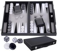 Backgammon Luxe Noir 18 Pouces 45,5 Cm - Mallette Simili Cuir, des Nacres | Jeu De Societe Adultes 2 Joueurs Avec 4 Des, Doubleur, 2 Gobelets Et Regles - Plateau 45,5 X 57 Cm, Feutrine 1 Mm, Des 6 Ans